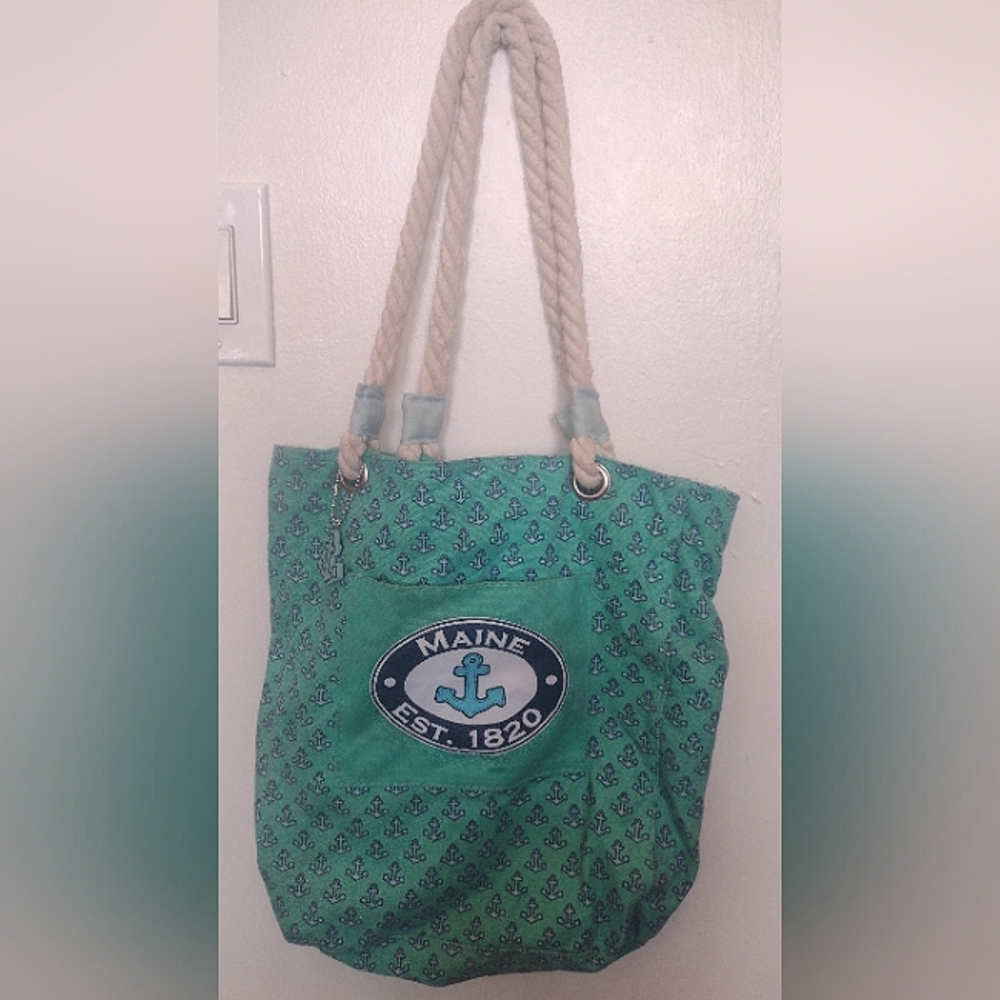 Teal "Maine" Beach Bag with Rope Straps and Anchor Pattern